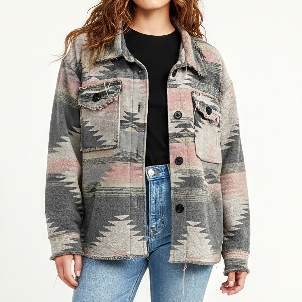 Pink Lily Aztec Shacket Large Western Raw Hem Shirt Jacket Bohemian Distressed